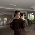 ETEĞİ ASİMETRİ SAÇ ÖRGÜ AJURLU KAZAK - KAHVE