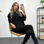 ETEĞİ BÜZGÜ GARNİLİ SWEAT - SİYAH