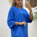 ETEĞİ DERİ DETAY KISA KOL SALAŞ TİŞÖRT - SAKS