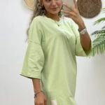 ETEĞİ DERİ DETAY KISA KOL SALAŞ TİŞÖRT - MİNT YEŞİLİ