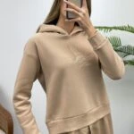 ETEĞİ DERİ KUŞ NAKIŞLI SWEAT - BEJ