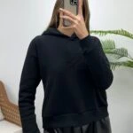 ETEĞİ DERİ KUŞ NAKIŞLI SWEAT - SİYAH