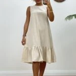 ETEĞİ FIRFIR SIFIR KOL PAMUK MİDİ ELBİSE - BEJ