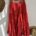 ETEĞİ KATLI ASİMETRİK ASTARLI PAMUK ETEK - NAR ÇİÇEĞİ