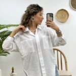 ETEĞİ OVAL CEPLİ KETEN GÖMLEK - BEYAZ