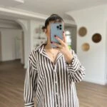 ETEĞİ OVAL DOKU ŞERİT VİSKON OVERSİZE GÖMLEK - KAHVE