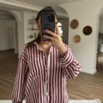 ETEĞİ OVAL DOKU ŞERİT VİSKON OVERSİZE GÖMLEK - BORDO