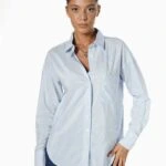 ETEĞİ OVAL TEK CEP ÇİZGİLİ PAMUK GÖMLEK - AÇIK MAVİ