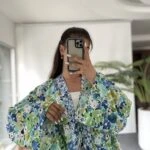 ETEĞİ PİLE PÜSKÜL BAĞCIK PAMUK RENKLİ KİMONO - YEŞİL