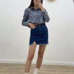 ETEĞİ PÜSKÜL YAN YIRTMAÇ MİNİ KOT ETEK - KOYU MAVİ