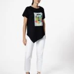 ETEĞİ VEREV ÇAPRAZ KISA KOL BASKILI TİŞÖRT - SİYAH