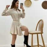 ETEĞİ VOLANLI GÖMLEK ELBİSE - TAŞ