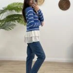 ETEK UCU FIRFIR GARNİLİ ÇİZGİLİ TRİKO - MAVİ