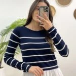 ETEK UCU FIRFIR GARNİLİ ÇİZGİLİ TRİKO - LACİVERT