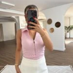 FERMUARLI YAKALI FİTİLLİ ATLET - PEMBE