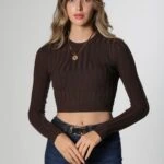 FİTİLLİ BİSİKLET YAKA CROP TRİKO - KAHVE