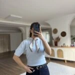 FULARLI KISA KOL YÜN KARIŞIM KAZAK - MAVİ