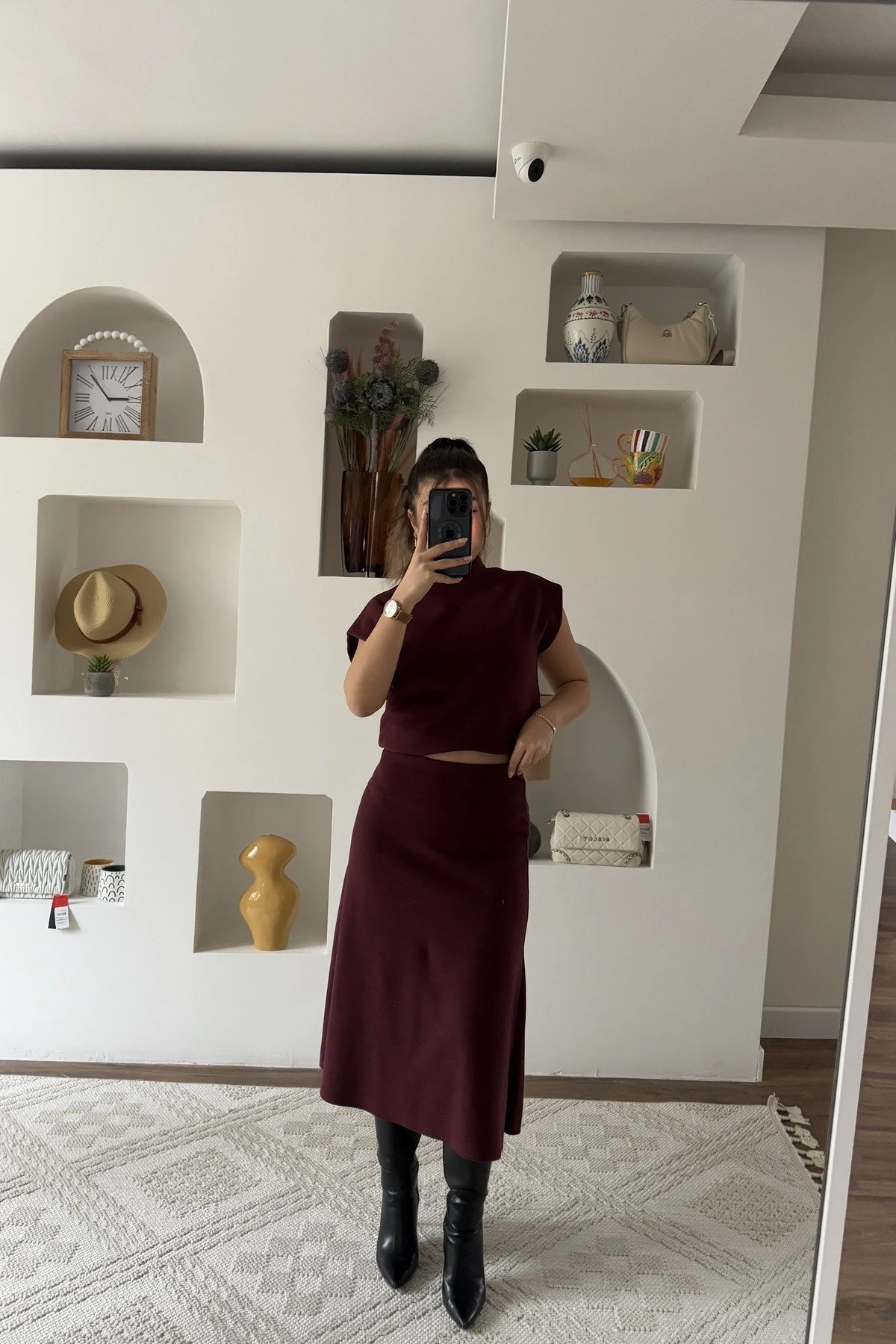 GENİŞ BEL SELANİK ÖRGÜ MİDİ PAMUK ETEK - BORDO - Görsel 1