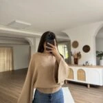 GENİŞ KOL REGLAN KOL DÖKÜMLÜ VİSKON KAZAK - KOYU BEJ