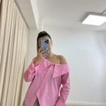 GENİŞ YAKA ASİMETRİK PAMUK GÖMLEK - PEMBE