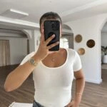 GENİŞ YAKA KISA KOL LİKRALI TİŞÖRT - EKRU