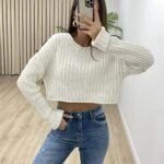 GENİŞ YAKA SELANIK ÖRGÜ CROP KAZAK - HAM EKRU