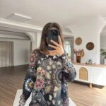 GEOMETRİK RENKLİ DESEN KAYIK YAKA VİSKON TRİKO - ANTRASİT