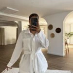 GİZLİ DÜĞME HAM KETEN 3 CEP KUŞAKLI GÖMLEK - BEYAZ