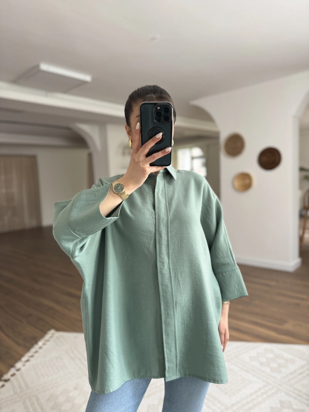 GİZLİ DÜĞME TRUVAKAR KOL TENSEL SALAŞ GÖMLEK - ÇAĞLA YEŞİLİ - Görsel 1