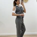 GİZLİ DÜĞME YELEK PAÇA PARÇALI PANTOLON TAKIM - FÜME