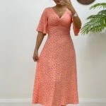 GÖĞÜS BÜZGÜ KOL VOLAN ELBİSE - ORANGE FUŞYA