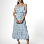 GÖĞÜS KATLI ASKILI ETEĞİ FIRFIR VİSKON ELBİSE - TURKUAZ