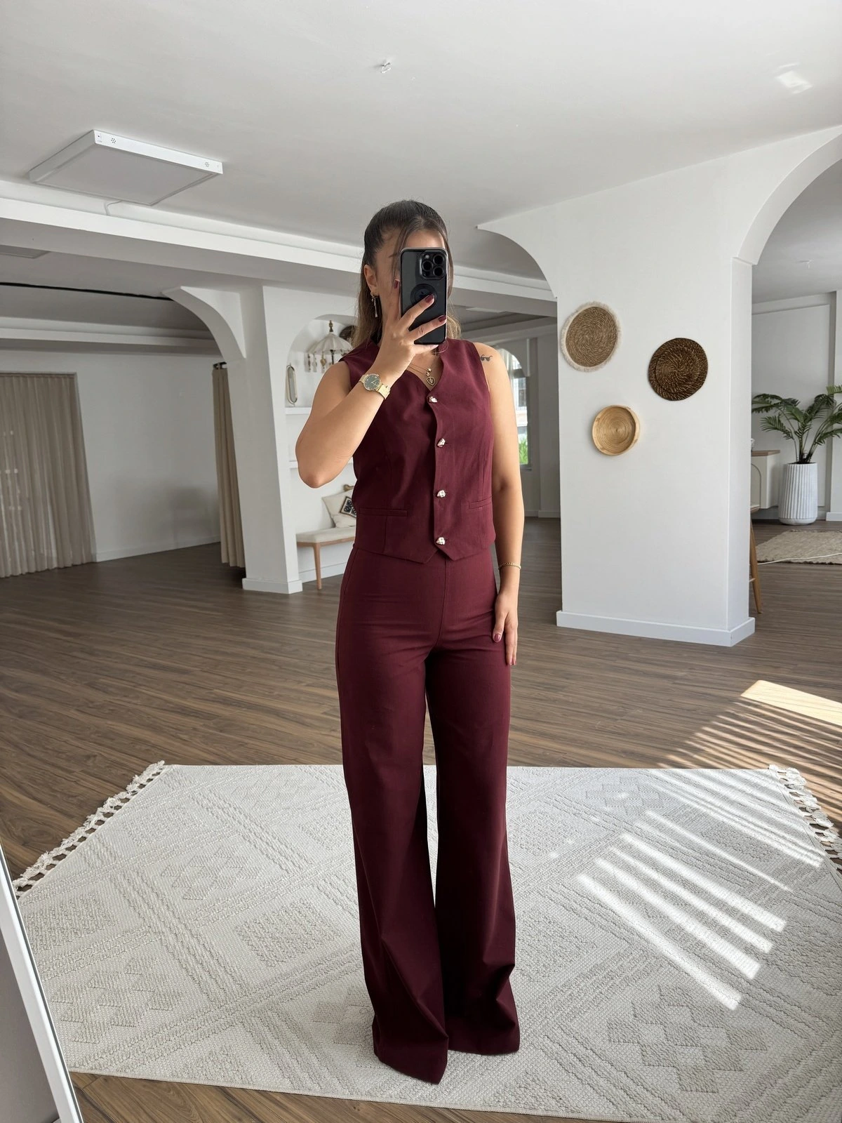 GOLD AKSESUAR DÜĞME YELEK PANTOLON PAMUK TAKIM - BORDO - Görsel 1