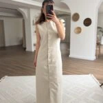 GOLD DÜĞME ASTARLI JAPONE KOL PAMUK KETEN ELBİSE - TAŞ