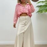 GOLD DÜĞME MİDİ BOY VİSKON ETEK - NATUREL