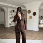 GOLD DÜĞME PİLE DETAY CEKET BOL PAÇA PANTOLON TAKIM - KAHVE