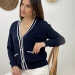 GOLD DÜĞME YAKA VE CEP ÇİZGİ HIRKA - LACİVERT BEYAZ