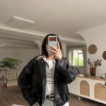 GÖMLEK YAKA DETAY BRİTLİ BEL LASTİK SUNİ DERİ CEKET - SİYAH