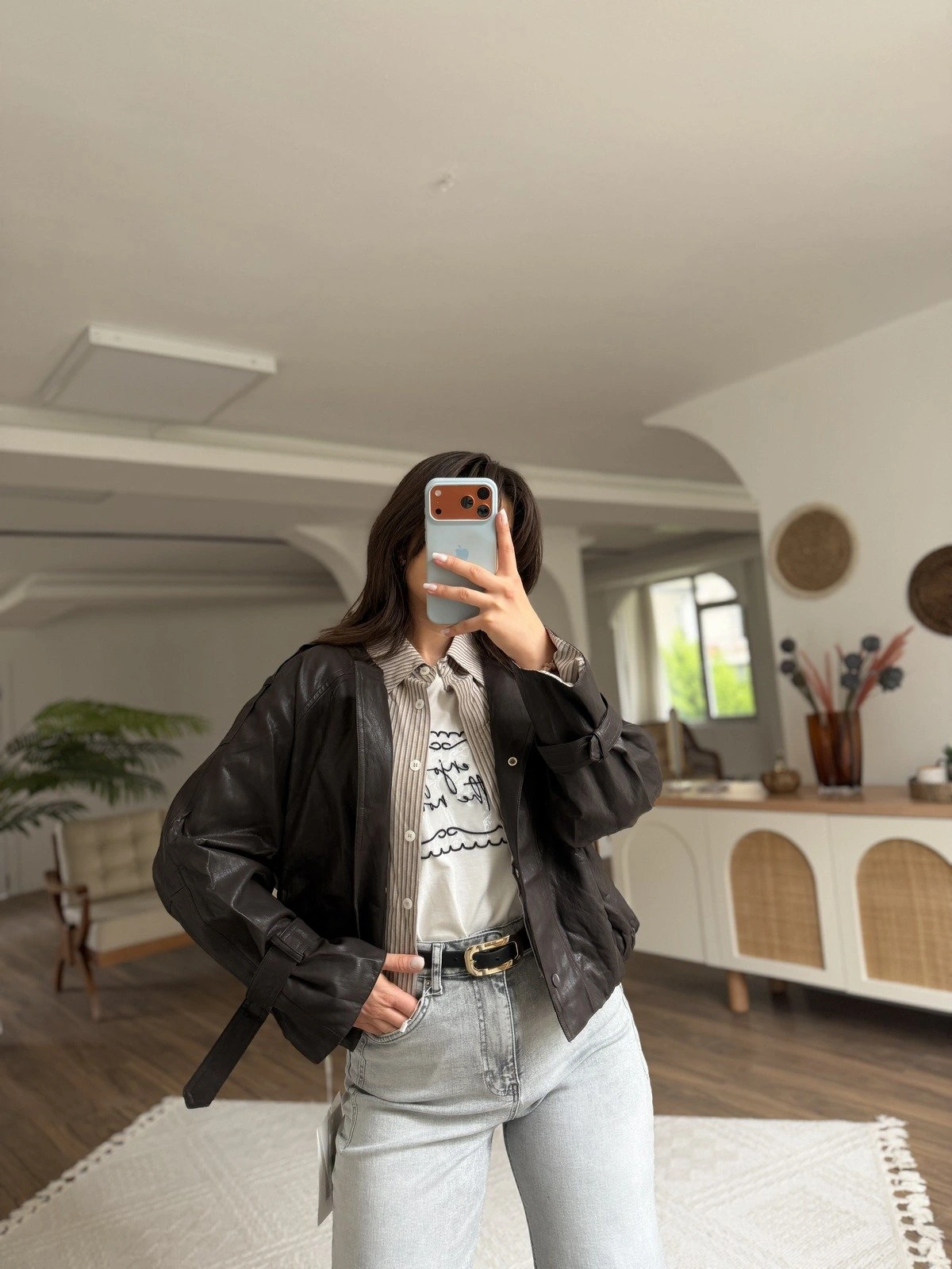 GÖMLEK YAKA DETAY BRİTLİ BEL LASTİK SUNİ DERİ CEKET - KAHVE - Görsel 1