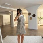 GÖMLEK YAKA EKOSE DİKİŞLİ CEP DETAY VİSKON ELBİSE - KAHVE