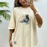 GÜVERCİN NAKIŞLI KISA KOL SALAŞ TİŞÖRT - BEJ