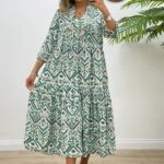 HAKİM YAKA DESENLİ MAXİ BOY ELBİSE - YEŞİL