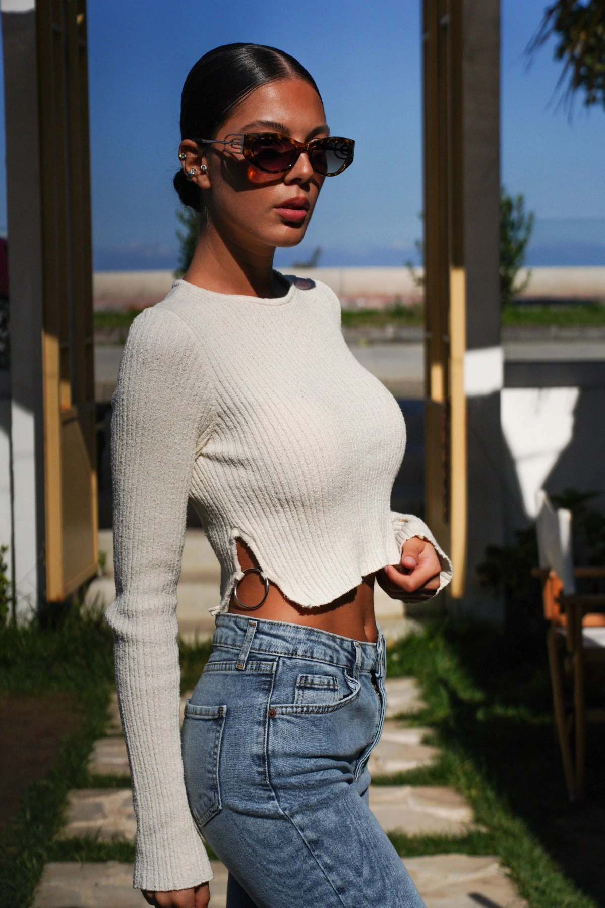 HALKA DETAY BİSİKLET YAKA PAMUK TRİKO - HAM EKRU - Görsel 1