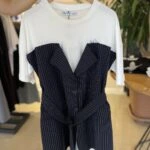 İÇİ PENYE DOKUMA ÇİZGİLİ PARÇALI KEMERLİ ELBİSE - LACİVERT EKRU