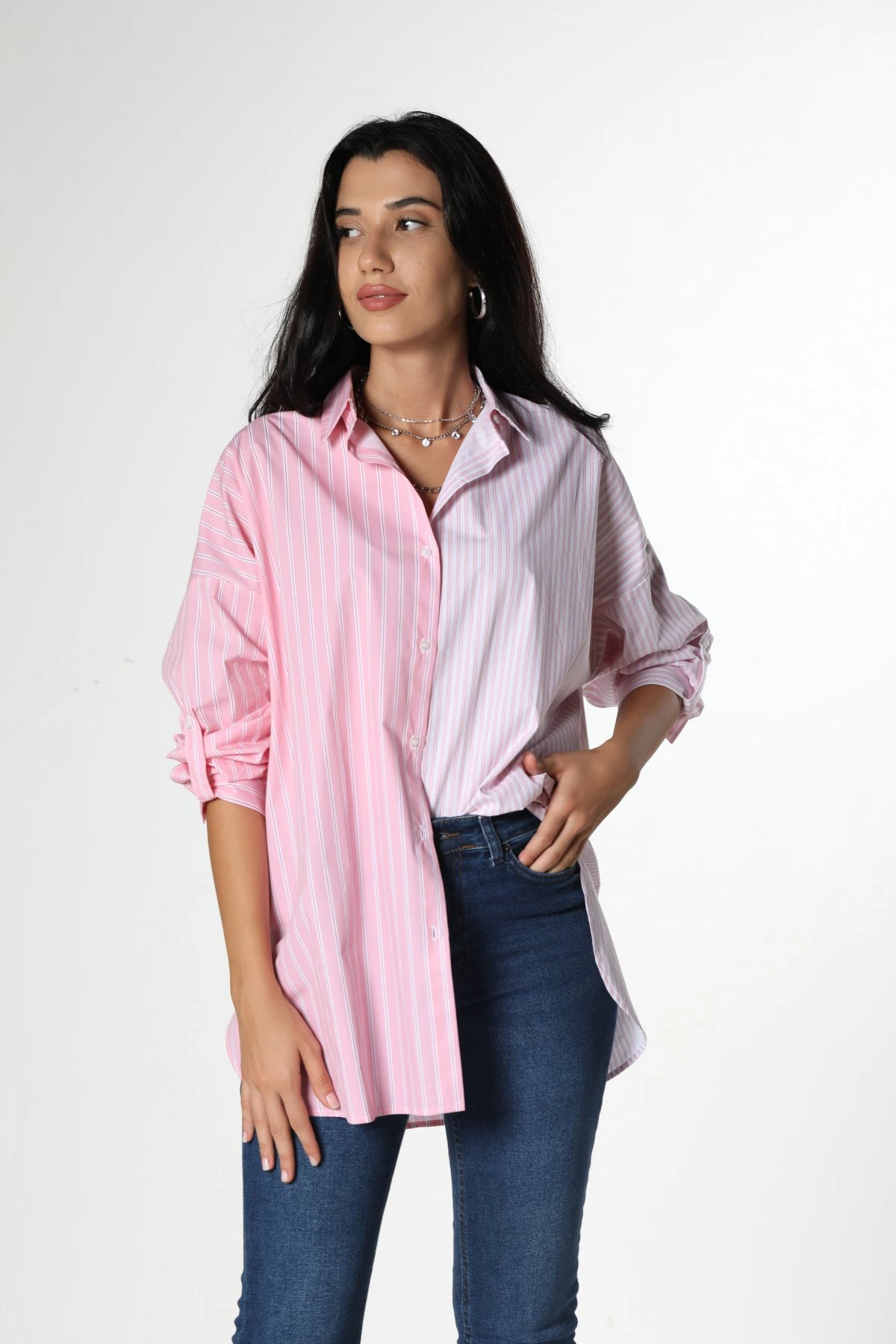 İKİ RENKLİ ÇİZGİLİ GÖMLEK - PEMBE - Görsel 1