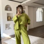 İNCE BEL LASTİK GENİŞ PAÇA VİSKON RAHAT PANTOLON - OLİVE