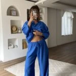 İNCE BEL LASTİK GENİŞ PAÇA VİSKON RAHAT PANTOLON - SAKS