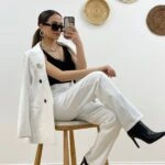 İNCE ÇİZGİ KRUVAZE CEKET PANTOLON TAKIM - BEYAZ