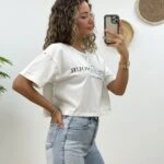 İNCİ TAŞ DETAYLI BASKILI CROP - EKRU