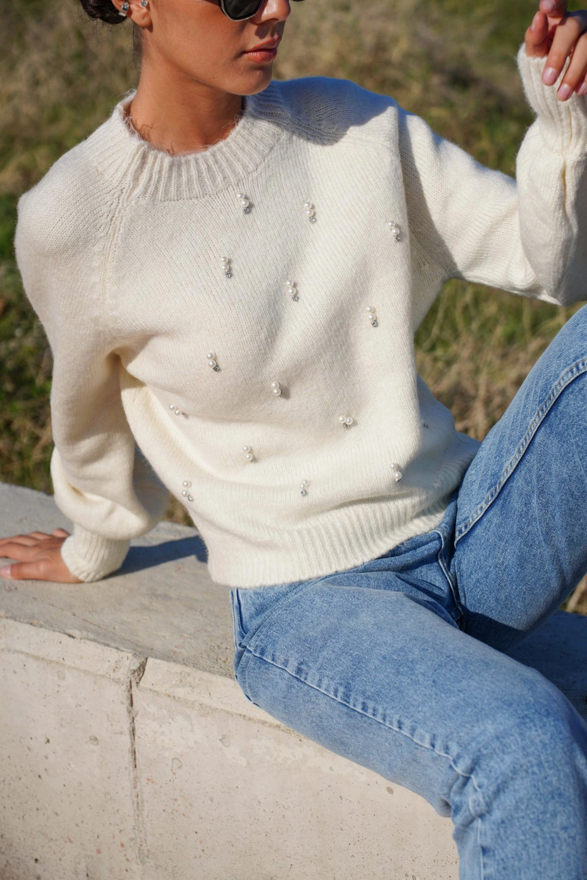 İNCİ TAŞ ZIMBA REGLAN KOL VİSKON KAZAK - KEMİK - Görsel 1